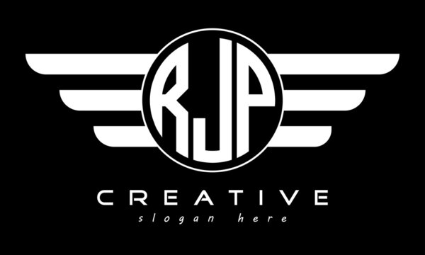 RJP three letter monogram type circle letter logo with wings vector template.