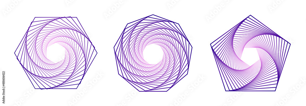 Poster set of twisted colored spirals. wireframe warp shape. vector technology tunnels.
