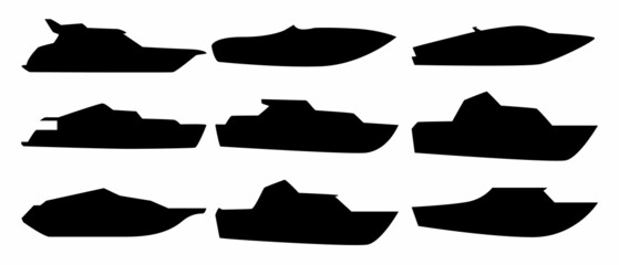 Fototapeta premium A set of nine silhouettes of motor boats.