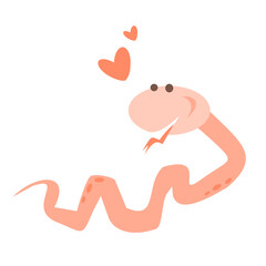 Vector illustration of a cartoon snake in love. Pink snake. Isolated