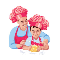 Mother teaching son how to cook and knead dough, advertisement for cooking blog teaching cooking and baking. Little cook in a cap.