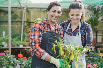 Mature women holding chili plant while working together inside garden center