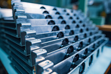 Modern metal parts of TFT displays on a table in a workshop