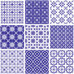 Mediterranean in blue, white. Original traditional Mosaic Portuguese and Spain decor. Seamless patchwork tile vector EPS10 Design for fashion , fabric, textile, wallpaper, cover, web ,