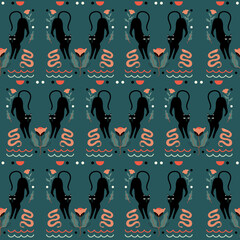 Vector seamless pattern Black cute cats and flowers ,snake on dark green background. Hand drawn illustration.Design for fashion , fabric, textile, wallpaper, cover, web , wrapping