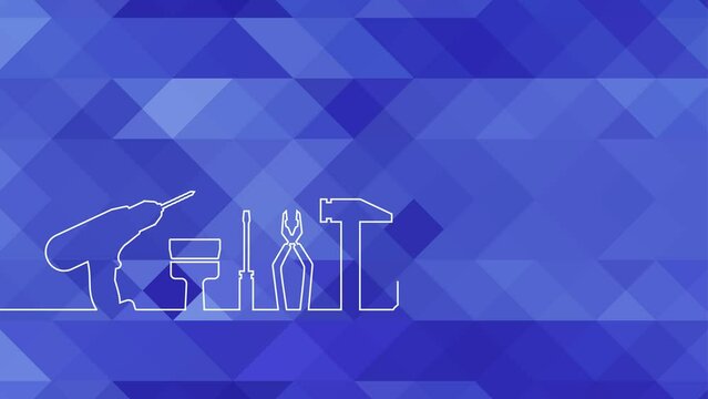 Professional handyman services. Video with tools collection.  Silhouette drill, hammer, chisel, screwdriver, pliers, putty knife, wrench  on violet polygonal background. Video. 4k Resolution.