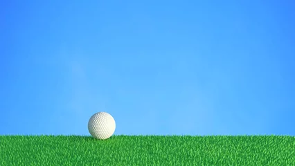 Selbstklebende Fototapeten White golf ball on green grass field blue clear sky in a fresh day 3D rendering © Alextra