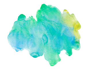 Watercolor graient stain with blue green yellow overflows on white paper texture isolated - 488608825