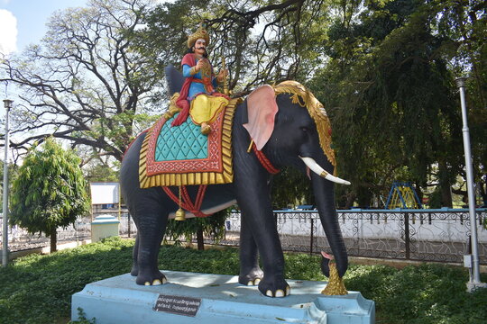 statue of Karikala Cholan riding on elephant who built kallanai dam Grand Anicut 