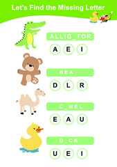 What letters are missing? Complete the words. Animals Theme Names Worksheet. Educational activity for preschool kids. Preschool Education. Vector illustration.
