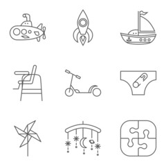 Baby thin line related icon setfor web and mobile applications. Set includes submarine, rocket, ship, highchair, scooter, diapers, whirligig, carousel, puzzle. Logo, pictogram, icon, infographic