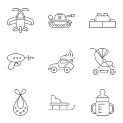 Baby thin line related icon setfor web and mobile applications. Set includes airplane, tank, building kit, gun, car, carriage, bib, sled, feeding bottle. Logo, pictogram, icon, infographic element