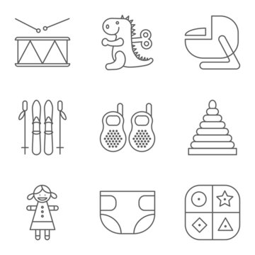 Baby thin line related icon setfor web and mobile applications. Set includes drum, dinosaur, baby seat, ski, baby monitor, pyramid, doll, diapers, educational game. Logo, pictogram, icon