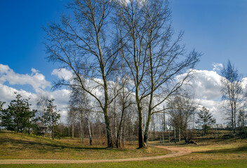 Panorama of autumn landscape with beautiful meadow on the banks of Kisezers lake in Riga, Latvia.