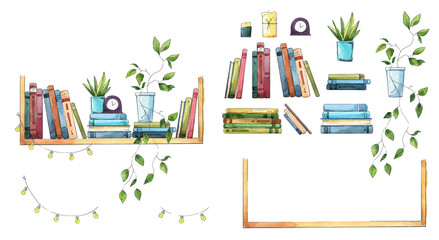 Book shelf with books, flowerpots and other objects watercolor  - 488609806