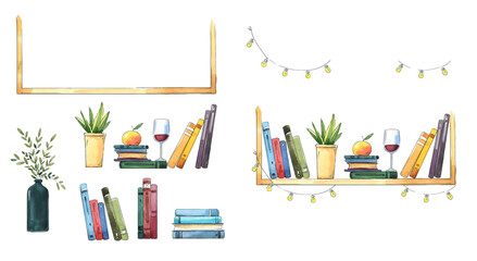 Bookshelf with books, flowerpots and other objects interior design watercolor © kamenuka