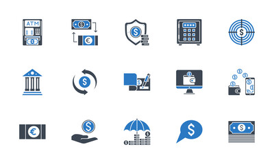 Banking icons set. Related glyph icons. Black and blue color. Isolated on white background