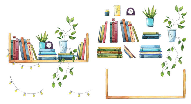 Book shelf with books, flowerpots and other objects watercolor 