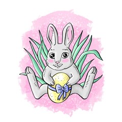 Little easter bunny with decorated egg colorful line drawing on pink background
