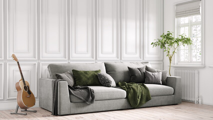 Beautiful interior of a modern room. Bright and clean design. A sofa standing by a large window against a wall background. 3D rendering