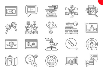 SEO Line Icons Set. SEO Related Line Icons. Website and APP Design and Development. Simple Mono Line Pictogram Pack. Stroke Logo Concept, Web Graphic