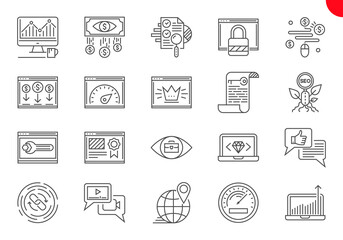 SEO Line Icons Set. SEO Related Line Icons. Website and APP Design and Development. Simple Mono Line Pictogram Pack. Stroke Logo Concept, Web Graphic