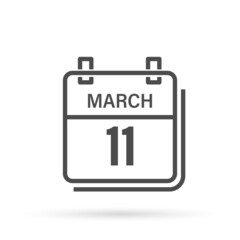 March 11, Calendar icon with shadow. Day, month. Flat vector illustration.