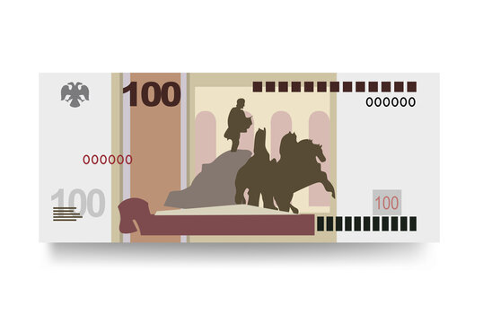 Russian Ruble Vector Illustration. Russia money set bundle banknotes. Paper money 100 RUB. Flat style. Isolated on white background. Simple minimal design.