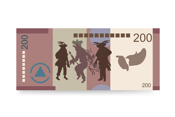 Cordoba Oro Vector Illustration. Nicaragua money set bundle banknotes. Paper money 200 NIO. Flat style. Isolated on white background. Simple minimal design.