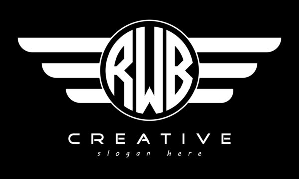 RWB three letter monogram type circle letter logo with wings vector template.
