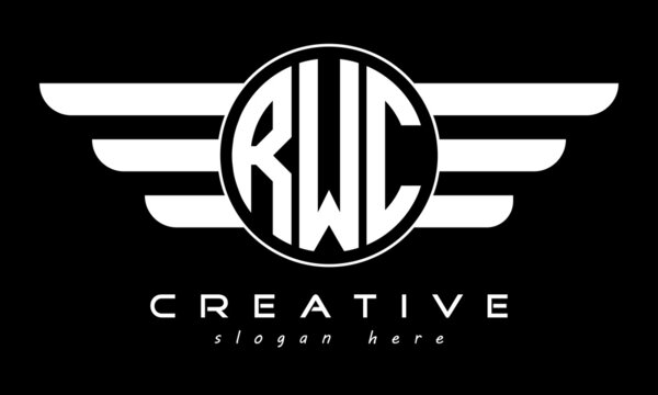 RWC three letter monogram type circle letter logo with wings vector template.
