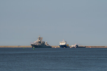 Russia. Kronstadt. July 25, 2019. Wake formation of warships at the parade rehearsal.