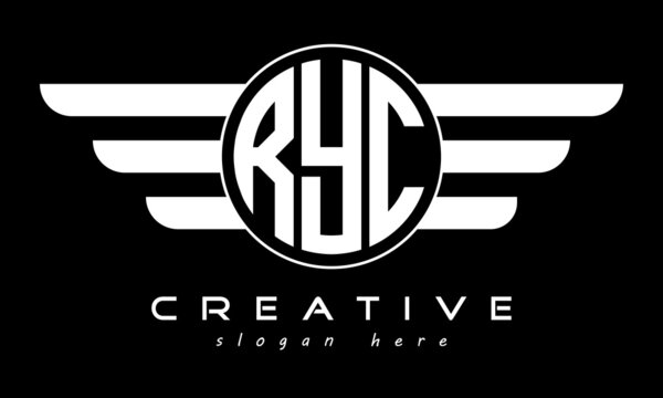 RYC three letter monogram type circle letter logo with wings vector template.
