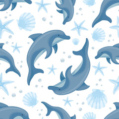 Seamless pattern with dolphins, starfish and shells. Cartoon vector graphics.