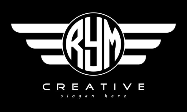 RYM three letter monogram type circle letter logo with wings vector template.
