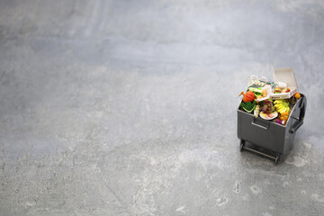 Garbage trash can, Image of food waste made in miniature.
The letters of pizza box are fictitious.
