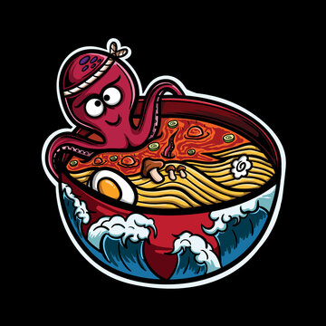 illustration of octopus in hot and spicy ramen