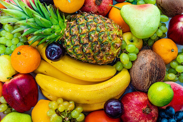 Naklejka na ściany i meble Assortment of healthy raw fruits. Composition With Variety Of Fruits