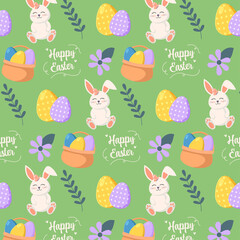 Easter seamless background with eggs. Spring pattern for banners, posters, cover design templates, social media stories wallpapers and greeting cards. Colourful easter banner with bunnies, eggs