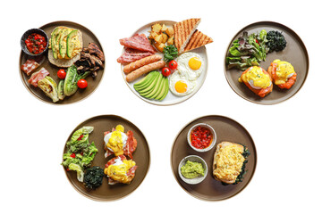 top view a variety of breakfast isolated on white background with clipping path