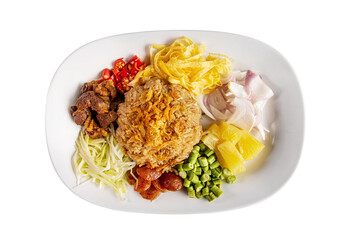 Khao kluk kapi or Shrimp Paste Fried Rice with sweet pork isolated on white background