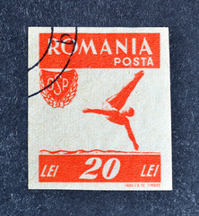 Cancelled postage stamp printed by Romania, that shows Diving, The People's Sport Organization -...