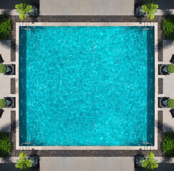 Swimming pool blue water in summer top view angle. Aerial view images of swimming pool in a sunny...