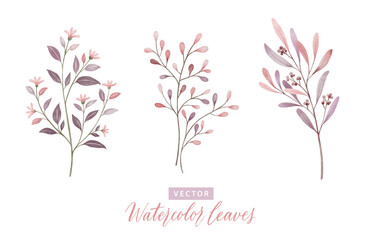 Set of digital watercolor painting branches with pink leaves 2.