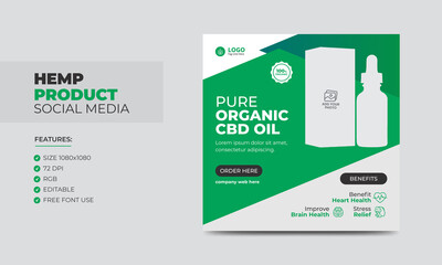 Hemp or Cbd Product Social Media Banner Post Template. Cannabis Sativa Product Sale Promotion Social Media Ads Banners