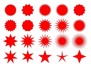 Burst stars. Red label for sales. Star shape stickers. Retro badges with solar flare isolated on white background. Red beam fireworks. Vector