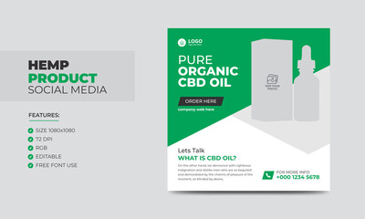 Hemp or Cbd Product Social Media Banner Post Template. Cannabis Sativa Product Sale Promotion Social Media Ads Banners
