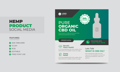 Hemp or Cbd Product Social Media Banner Post Template. Cannabis Sativa Product Sale Promotion Social Media Ads Banners