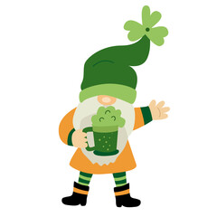 St. Patrick's Day funny gnome with green beer. Cartoon  vector illustration isolated on white. Great for greeting cards, pub invitations, posters, t-shirts design. Male character.