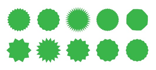 Explosive stars. Green label for sales. Star shaped stickers. Solar flare retro badges on white background. Fireworks green beam. Vector